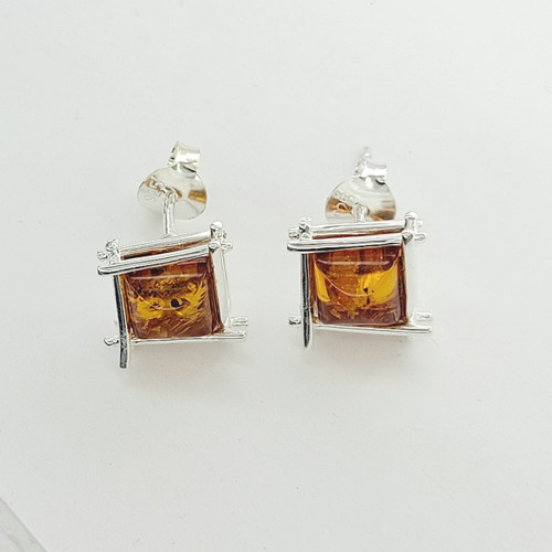 Amber square Sterling Silver 925 post Earrings