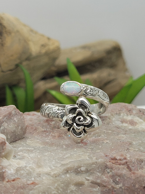 3D Rose adjustable spoon ring with gemstone Sterling Silver 925