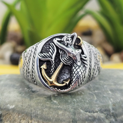 Sailors Mermaid 18k Gold Anchor Ring in Sterling Silver 925