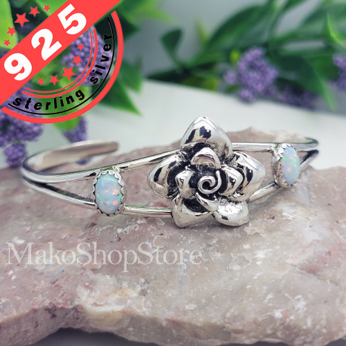 Solid Sterling Silver 925 Rose Flower women Cuff Bracelet with gemstones Opals