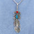 Long detailed feather Pendant sterling silver 925 with Genuine Turquoise and Red Coral