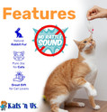 orange and white tabby playing with a white real rabbit fur mouse cat toy listing features, no rattle, real fur, brings out natural hunting instincts