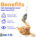 orange tabby kitten playing with a real rabbit fur gray mouse cat toy on a wand with benefits listed, brings out natural hunting instincts, great for indoor cats