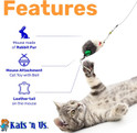 gray striped kitten on its back batting a real rabbit fur gray and white mouse cat toy on a wand with features listed, real fur, bell attachment