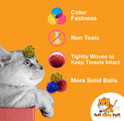 gray cat with a standard tuff kitty puff sparkle pom on its head with information about the pom itself being non toxic, tightly woven, and bright colors