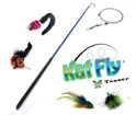 Blue wand laying next to 4 handmade katfly teaser refills, mouse, fish