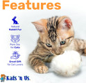 tabby kitten playing with a white fur pom cat toy with features listed, natural rabbit fur,  great gift for cat lovers