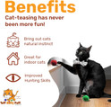 black cat with bow tie playing with tuff kitty puff standard sparkle pom with benefits of the cat toy described, brings out natural instincts, great for indoor cats