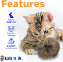 kitten batting a real rabbit fur jumbo pom ball with features listed, real fur, brings outs natural hunting instincts