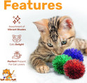 striped kitten playing with tuff kitty puff mini sparkle poms with features of the cat toy described, varying colors, perfect gift for cat lovers