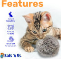 striped kitten batting around a gray standard real rabbit fur pom with features listed, real fur, great gift for cat lovers