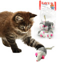 brown tabby kitten batting a gray & white rattle real rabbit fur mouse cat toy with a package of gray & white real rabbit fur mice