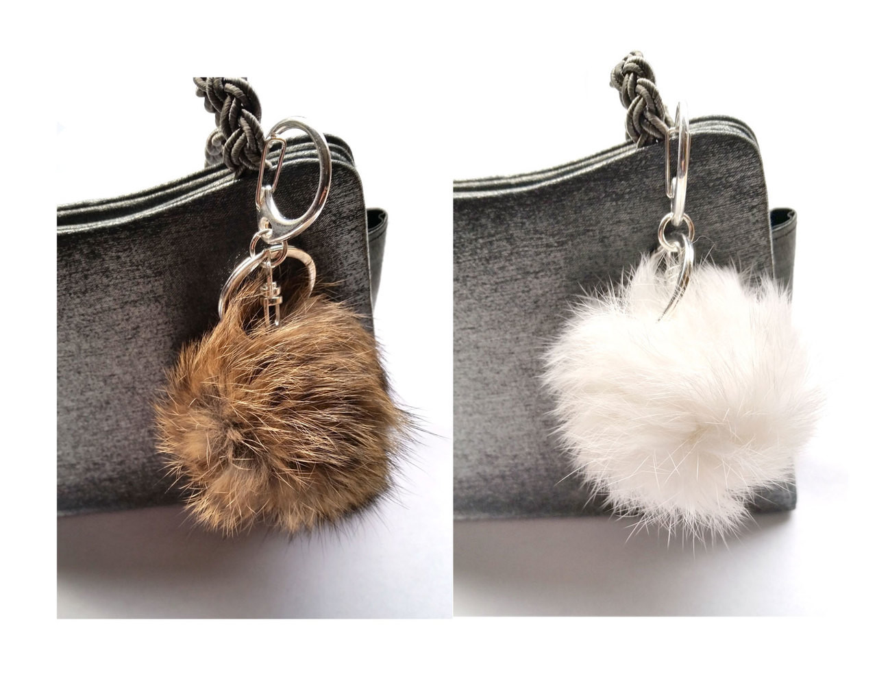 Rabbit Fur Pom Pom Keychain Natural