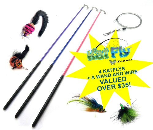 3 wands laying next to 4 handmade katfly teaser refills, mouse, fish, wands in blue, pink, and purple, valued over $35