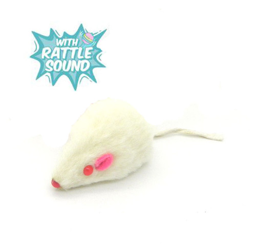 White Rabbit Fur Mouse  Cat Toy - Rattle Sound