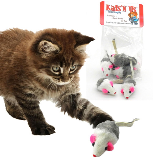brown tabby kitten batting a gray & white rattle real rabbit fur mouse cat toy with a package of gray & white real rabbit fur mice