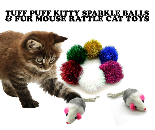 Tuff Kitty Puff® Sparkle Kitty Puff and Rattle mouse Cat Toy Pack