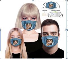 Denim mask with picture of cat coming out of it