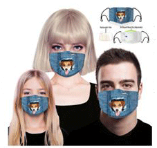 Denim looking mask with dog coming out of mask