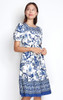 Square Neck Porcelain Print Dress - Blue