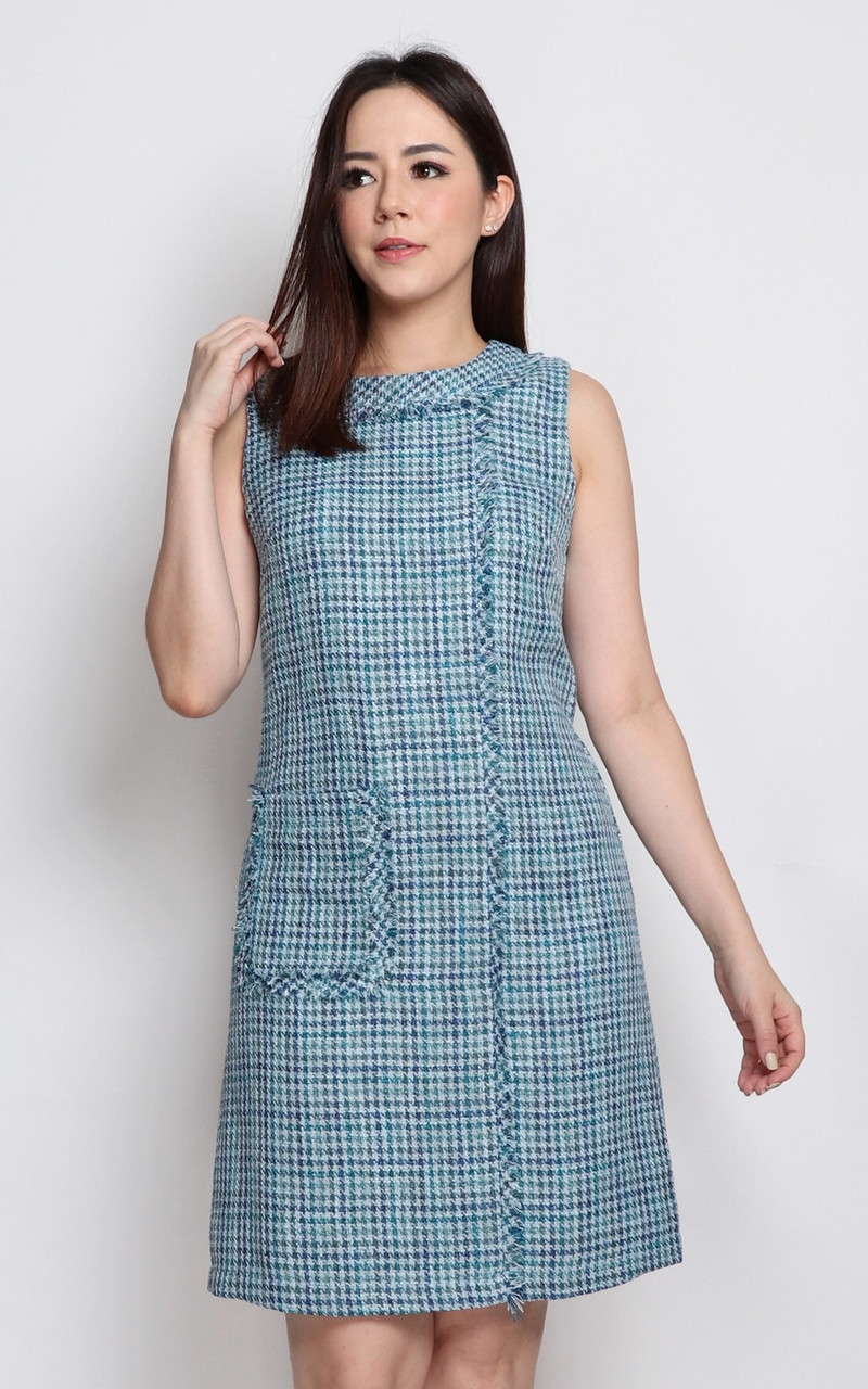 Pocket Tweed Shift Dress - Blue 