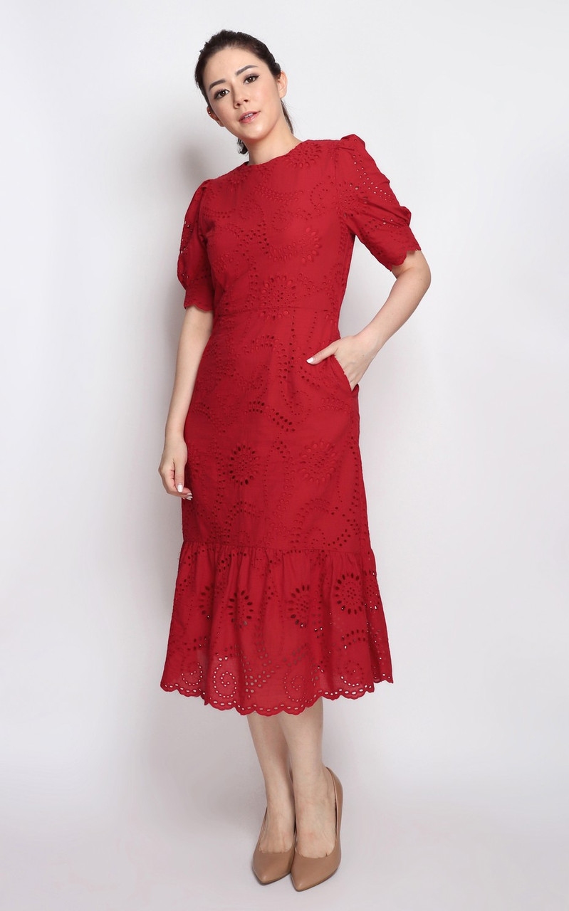 Eyelet Ruffle Hem Midi Dress - Crimson 