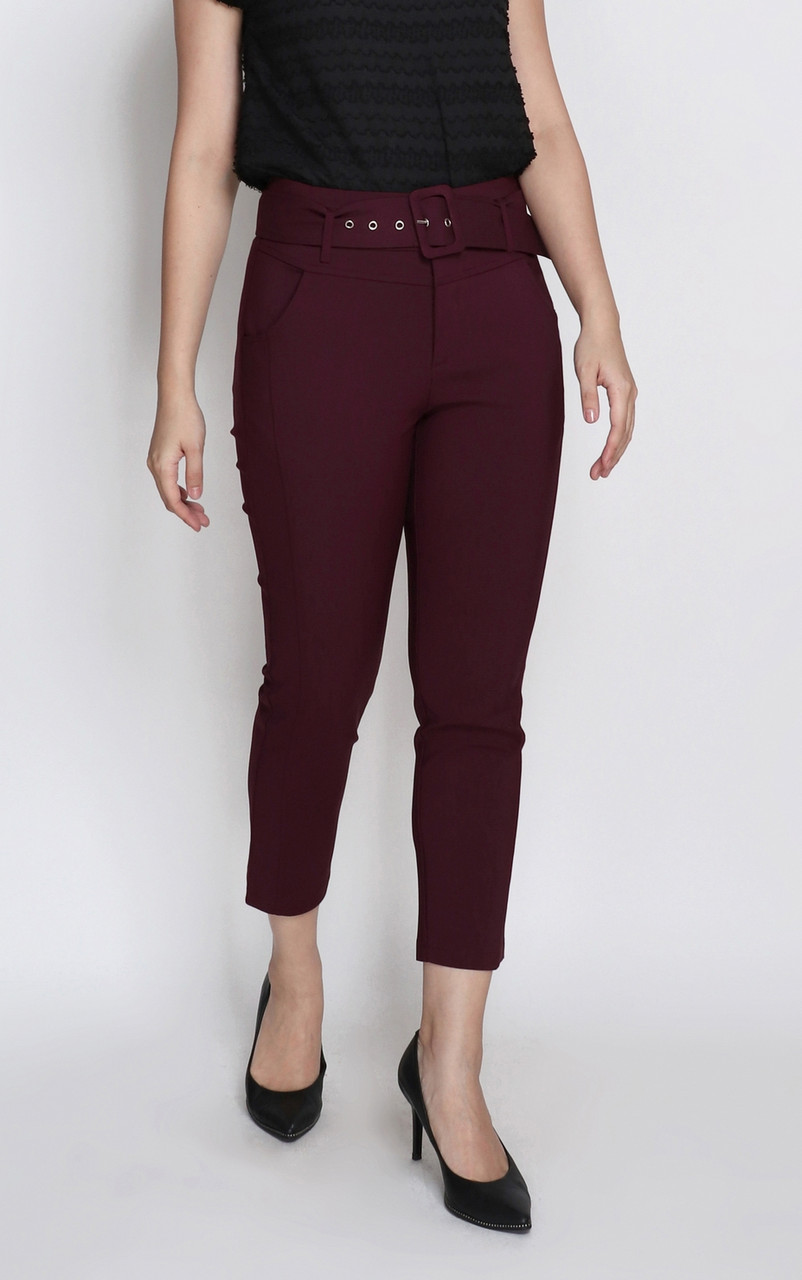 Belted Peg Trousers - Deep Berry, Singapore Online Shop for Office Wear
