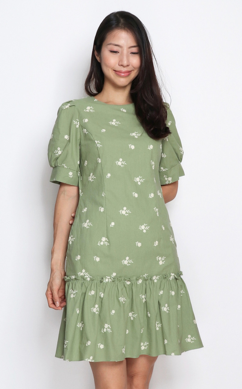 Floral Embroidered Dress - Sage | Ladies Office Wear Online Singapore ...