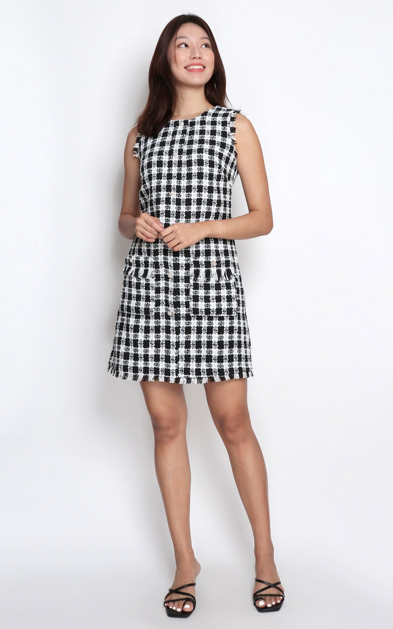パーティードレス Embellished Checked Tweed Shift Dress Checkered Tweed Shift Dress - Black | Singapore Online Work