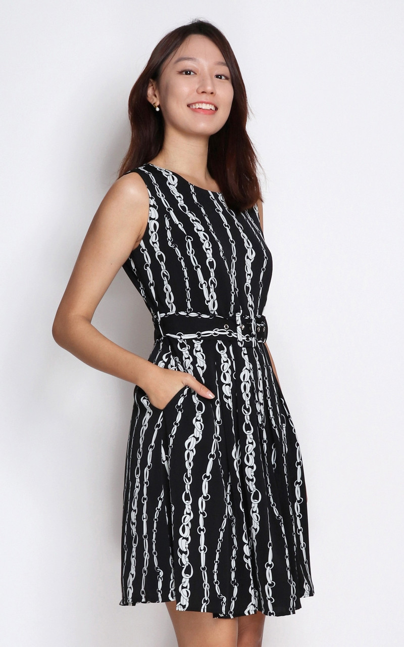 Chain Print Dress Monochrome Online Office Wear Singapore ALYSSANDRA