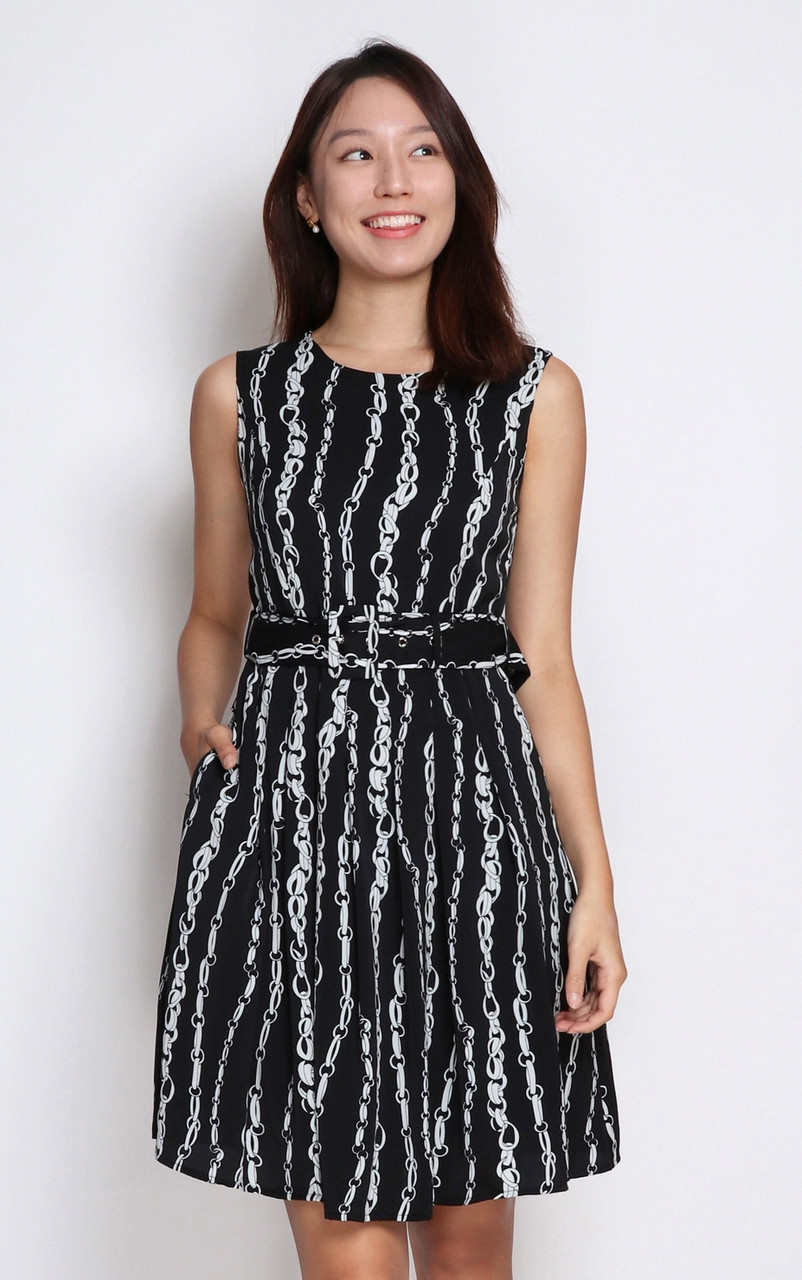 Chain Print Dress Monochrome Online Office Wear Singapore ALYSSANDRA