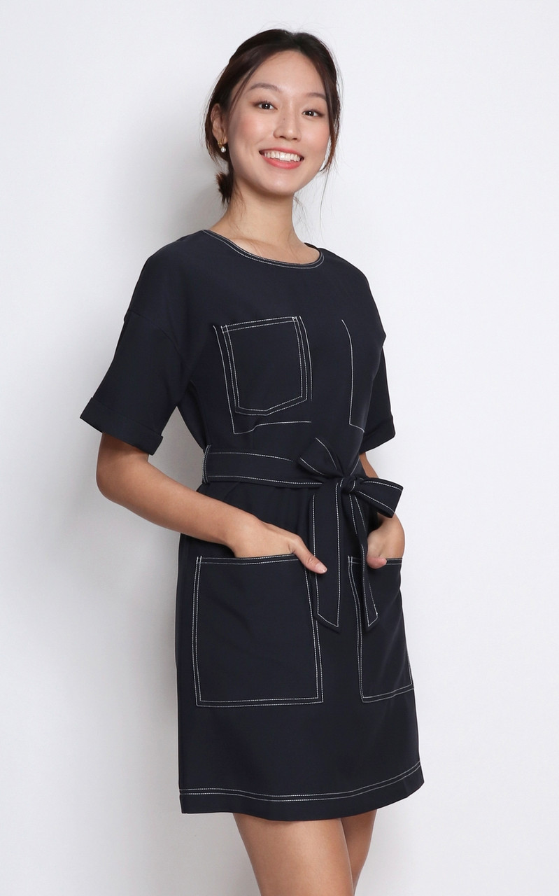 Contrast Stitch Pockets Dress Navy Singapore Online Work Dresses