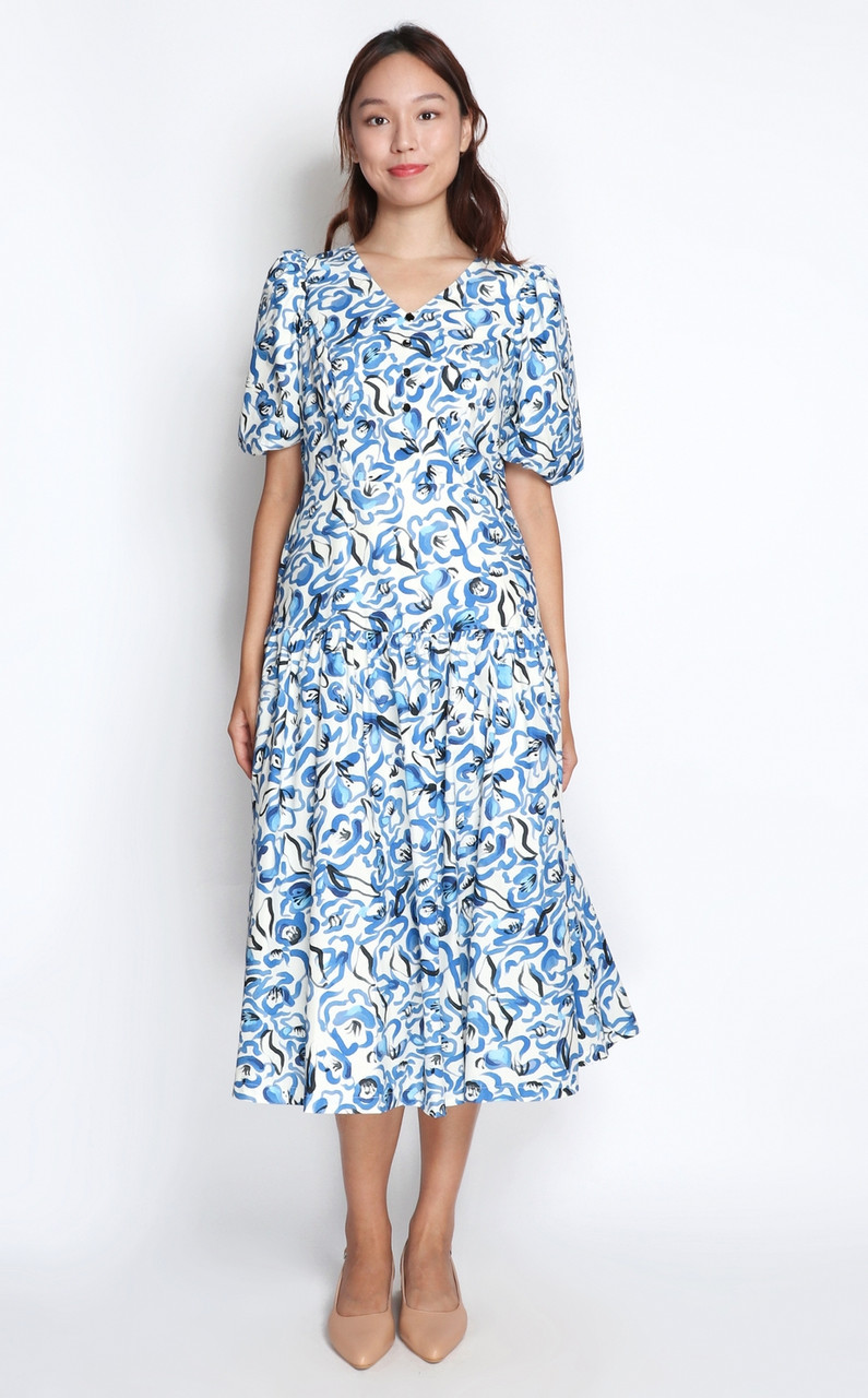 Floral Scribble Midi Dress Blue Ladies Dress Online Singapore