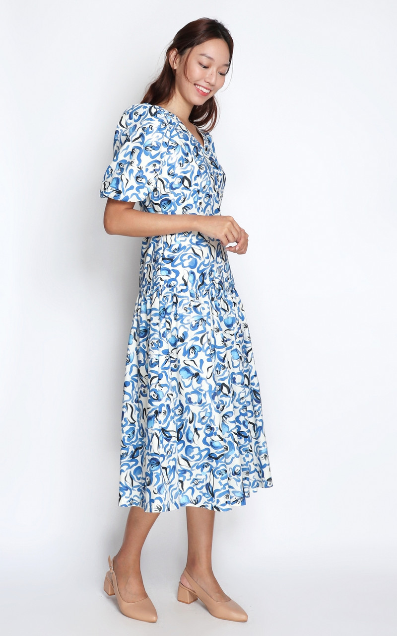 Floral Scribble Midi Dress - Blue | Ladies Dress Online Singapore ...