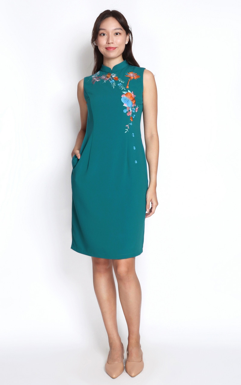 Cascading Floral Embroidered Cheongsam - Teal | CNY 2024 Modern ...