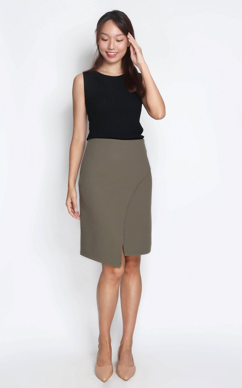 Overlap Pencil Skirt – Olive | Ladies Pencil Skirt Online