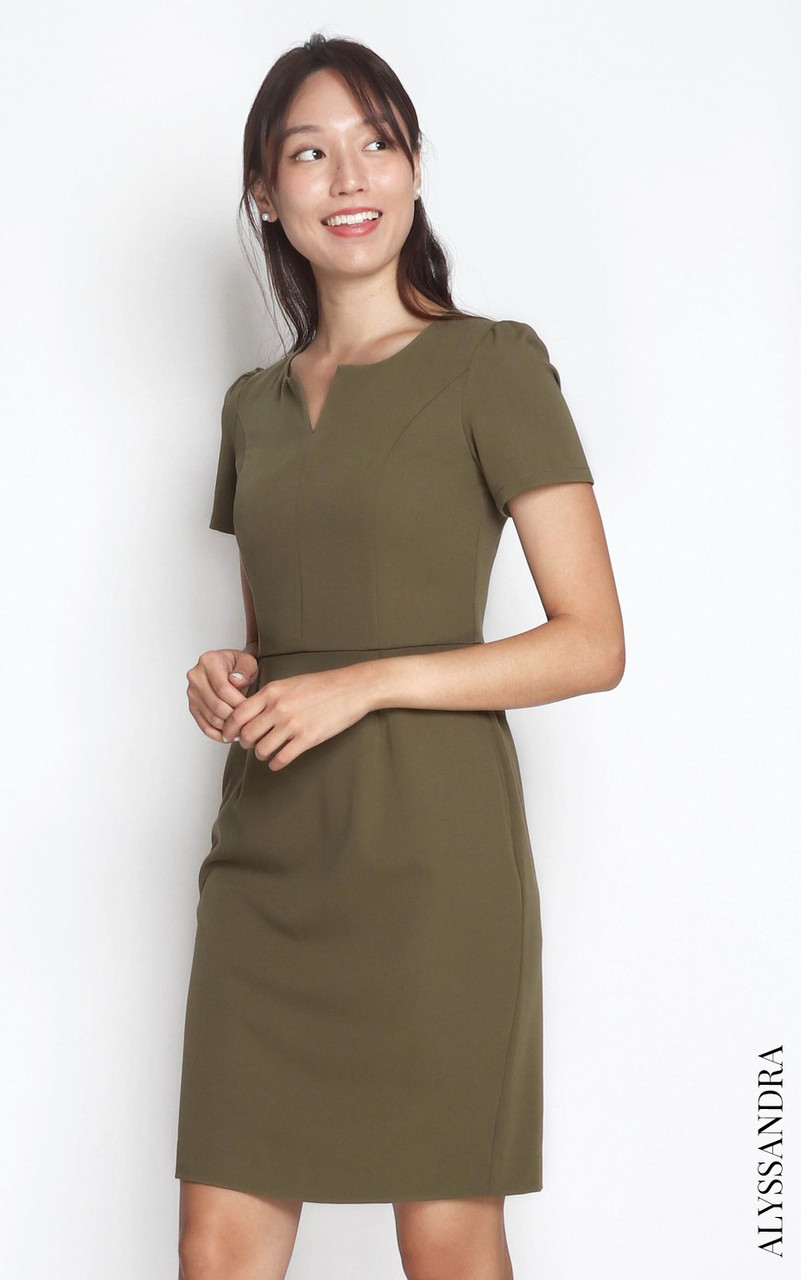 Notch Neck Pencil Dress - Olive | Singapore Online Ladies Workwear |  ALYSSANDRA