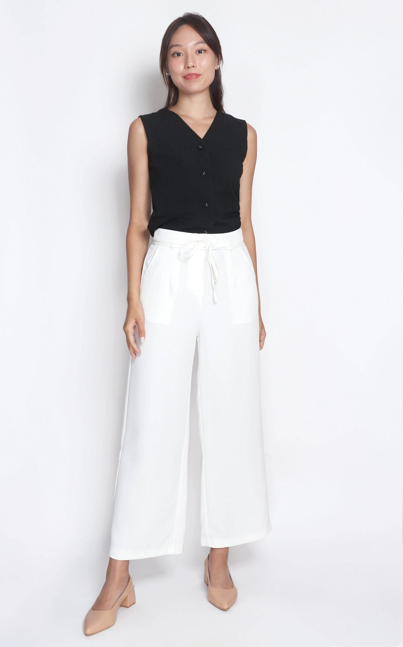 【BAON】Yeoru Ribbon Straight Slacks XL 2XL Size Ribbon Tie Long Pants - White | Women's Workwear Online