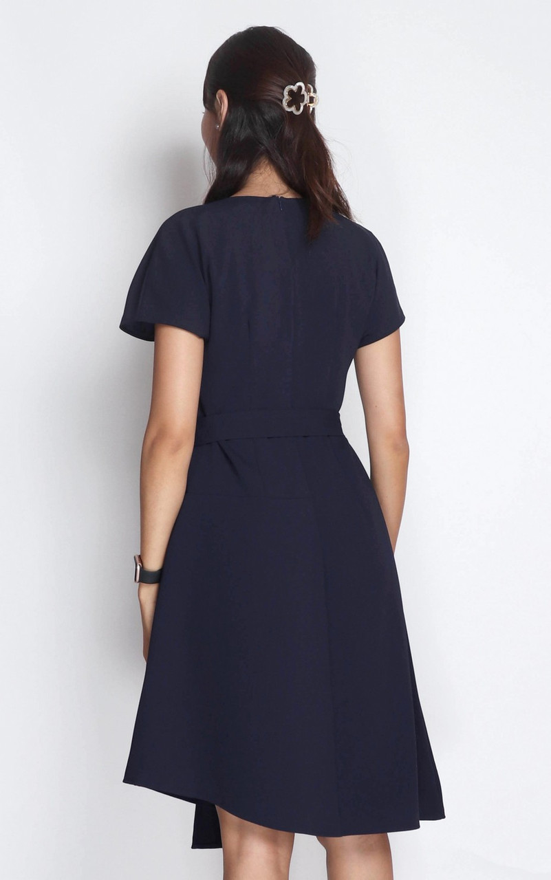 navy blue dress for baby girl Soft microfibre golden jewel strap asymmetrical dress | Icône | Shop Midi  Dresses main image 1