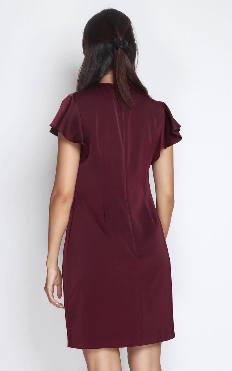 Ruffle Sleeves Shift Dress - Burgundy | Ladies Office Dress | ALYSSANDRA