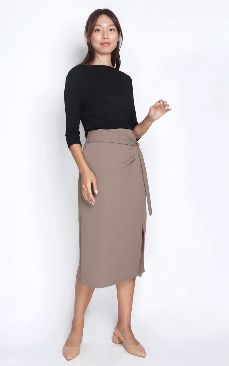 Side Drape Pencil Skirt - Taupe | Ladies Office Skirt Online