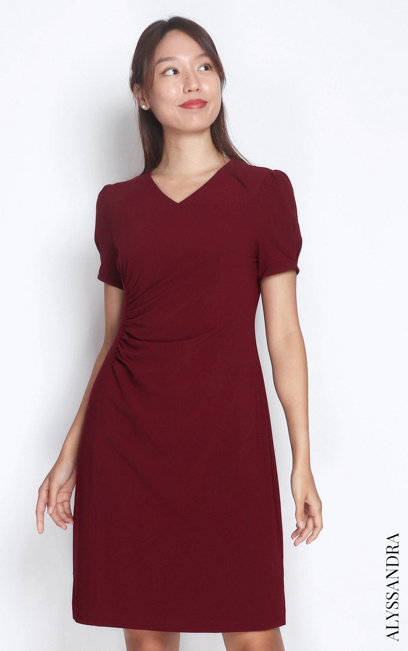 Side Ruched Dress - Burgundy | Ladies Office Dress | ALYSSANDRA