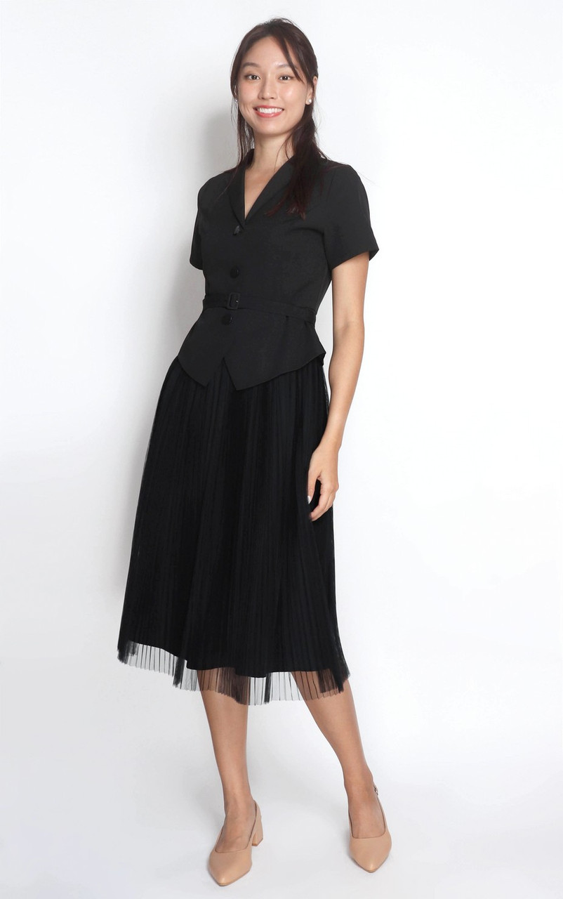 Tux Pleated Tulle Dress - Black | Women's Formal Dinner Dress Singapore |  ALYSSANDRA