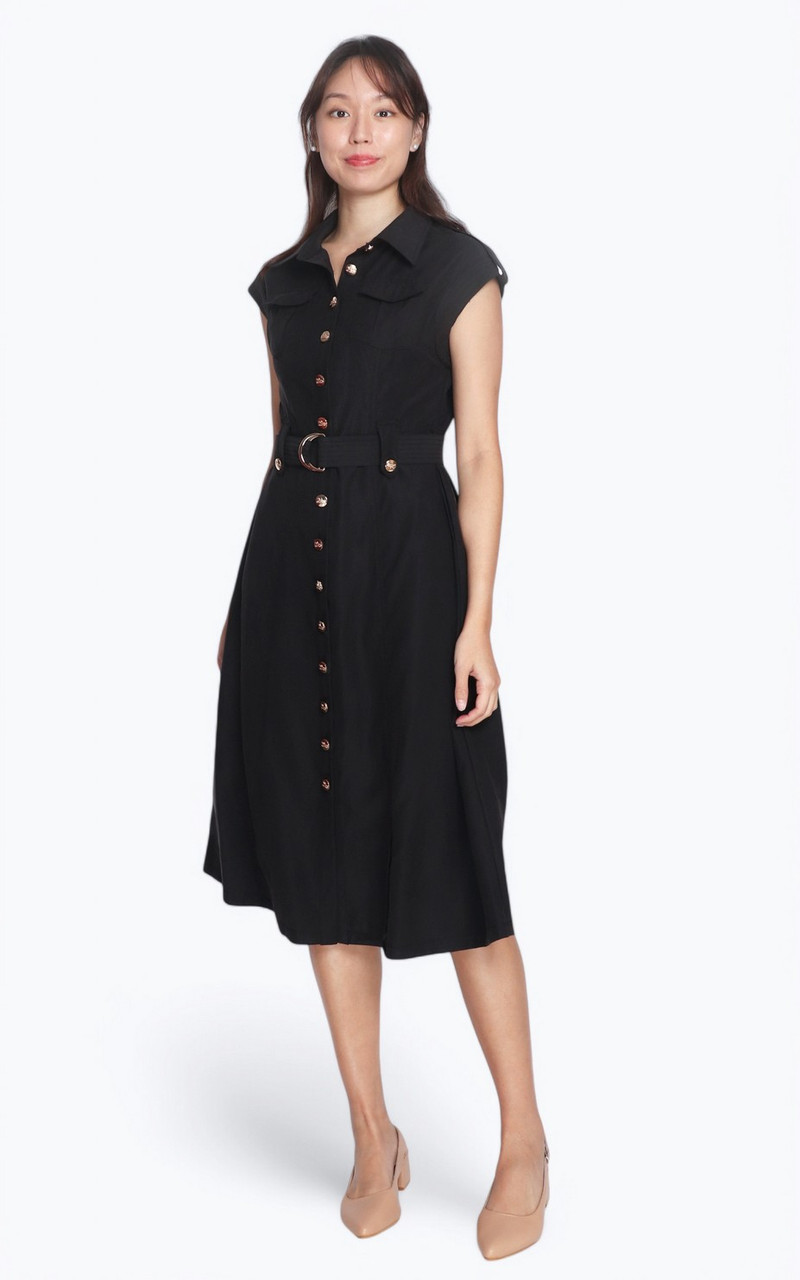★送料・関税込★depound★gold button long dress★ Gold Buttons Shirt Dress - Black | Ladies Fashion Online