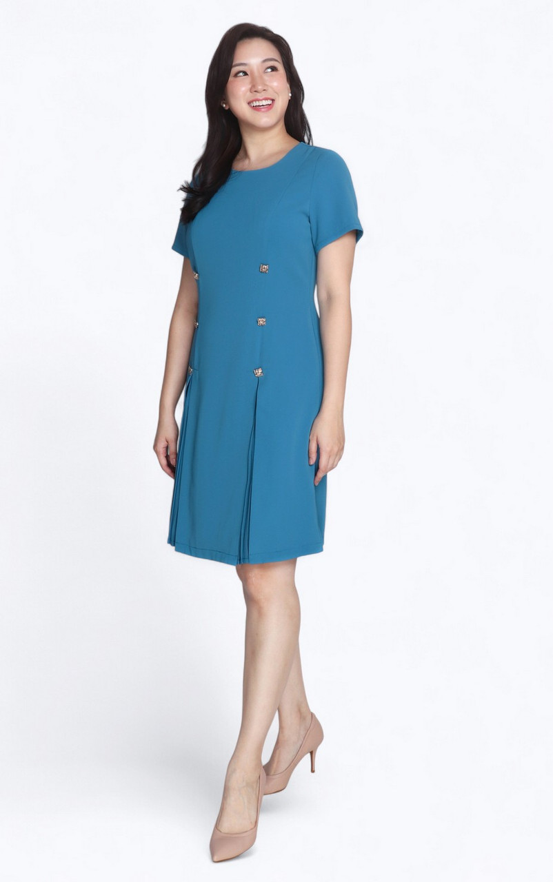 Pleated Chiffon Panel Work Dress - Turquoise | Singapore Online Work Dress Pleated Chiffon Panel Work Dress - Turquoise | Singapore Online Work Dress
