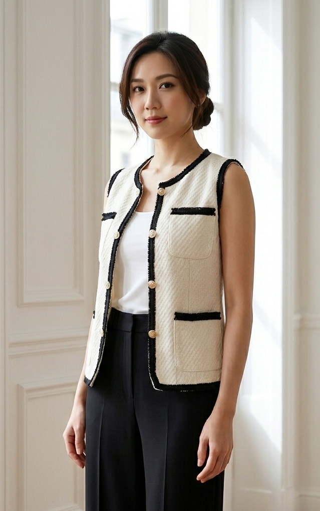 Contrast Trim Tweed Vest Jacket - Milky White | Women's Workwear