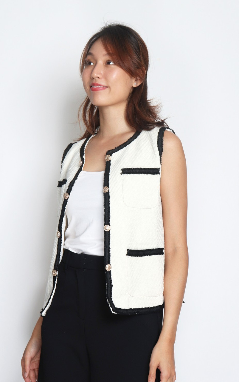 Contrast Trim Tweed Vest Jacket - Milky White | Women's Workwear