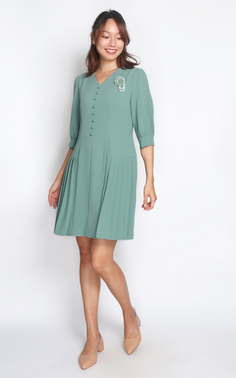 V-Neck Side Pleats Dress - Sage | OL Office Lady Fashion Singapore