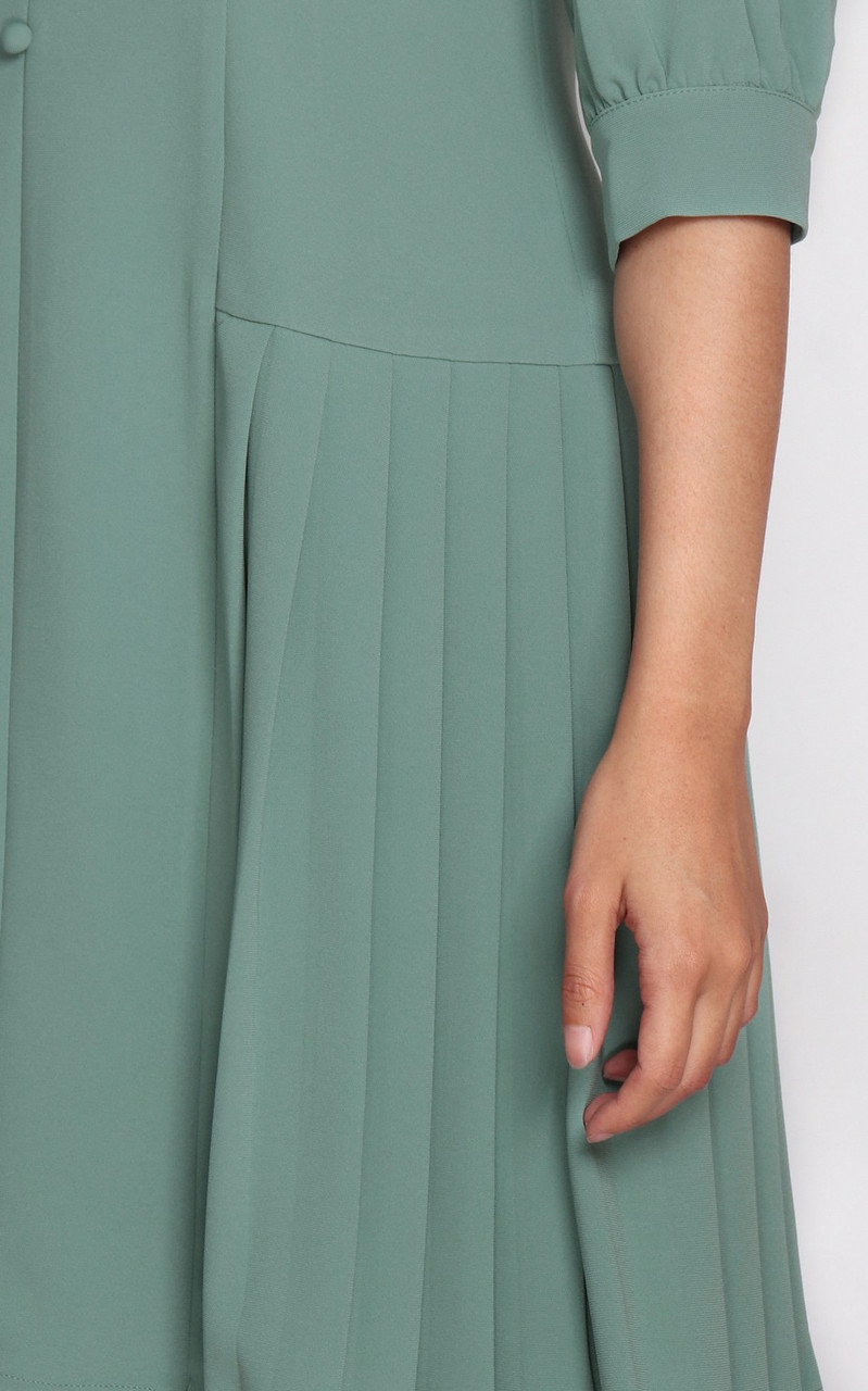 V-Neck Side Pleats Dress - Sage | OL Office Lady Fashion Singapore