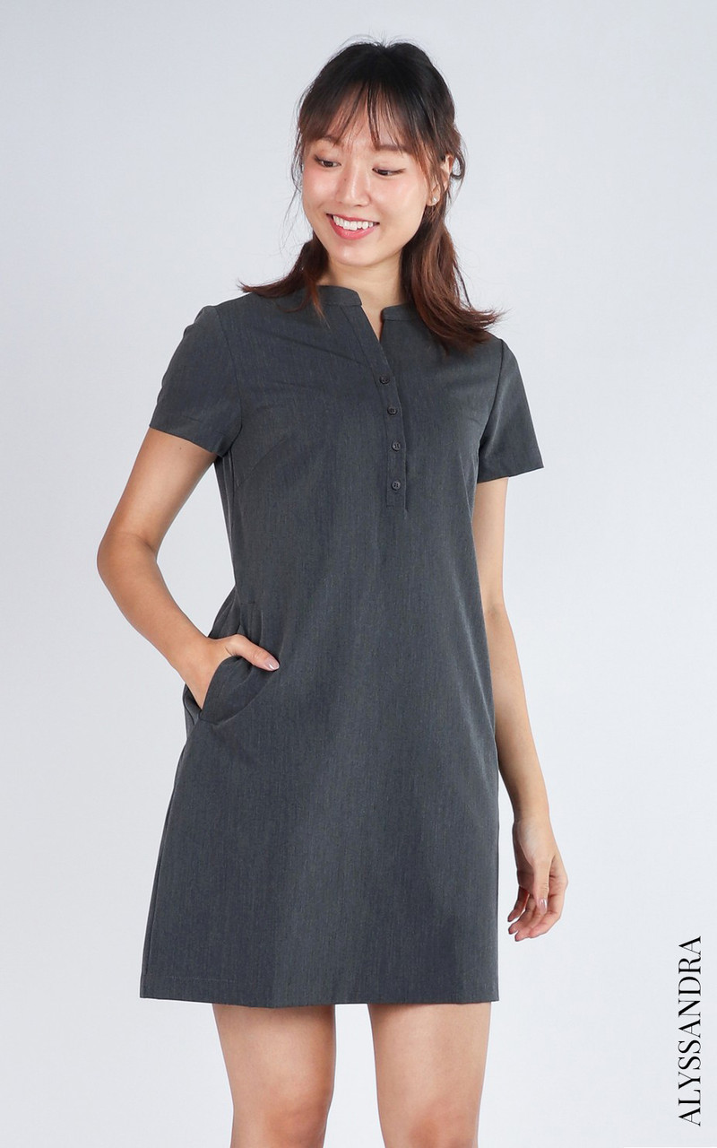 Meghan Notch Neck Shift Dress - Dark Grey | Singapore Ladies Work Wear